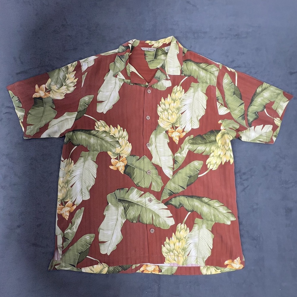 Tommy Bahama Shirt Mens Large Brown Silk Floral Hawaiian Banana Leaf Button Up